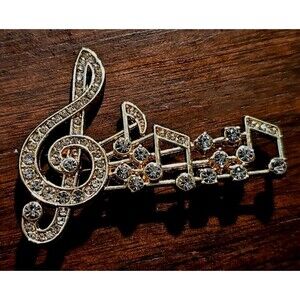 Monet Treble Clef Musical Notes Brooch Pin Crystal Rhinestones Gold Tone